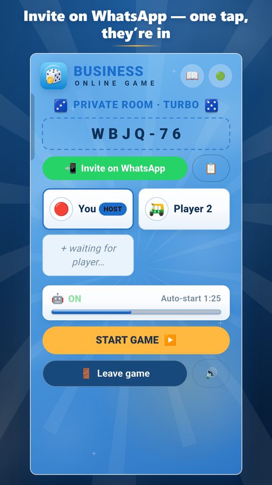 Invite friends to a private room over WhatsApp with one tap.