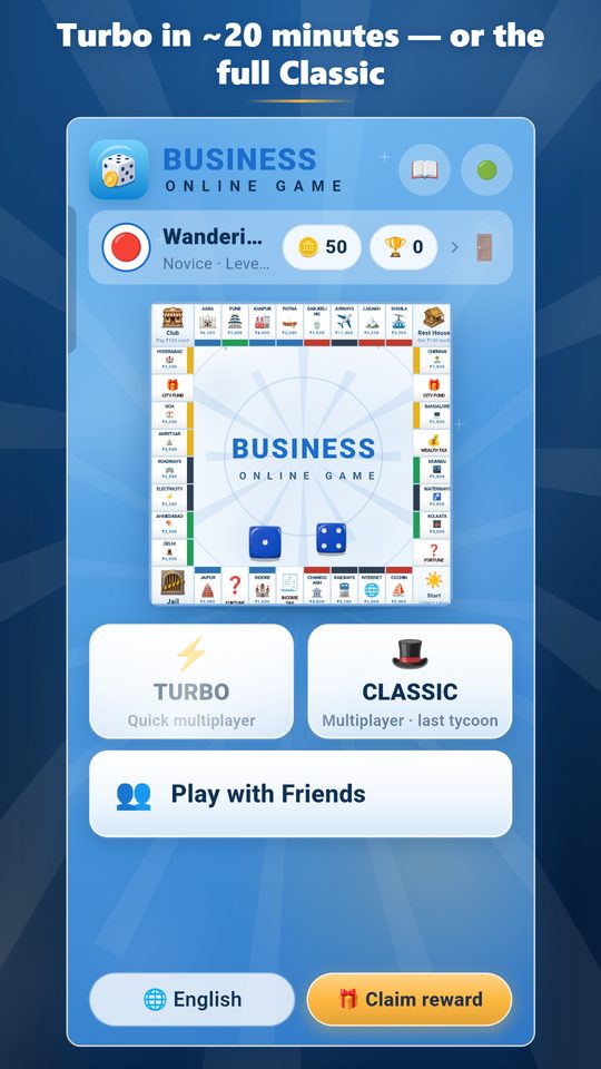 Pick your pace — Turbo for a fast 30-round game, or Classic to the last tycoon.